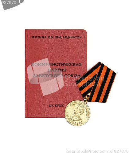 Image of Soviet communist party membership card and medal isolated