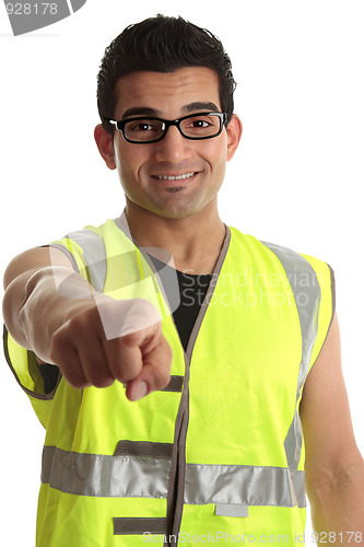 Image of Builder construction worker pointing at you