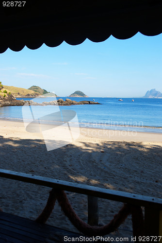 Image of Blue sea beach restaurant view in Niteroi, Rio de Janeiro, Brazil