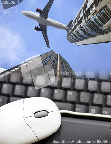 Image of airplane and the modern building