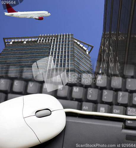 Image of airplane and the modern building