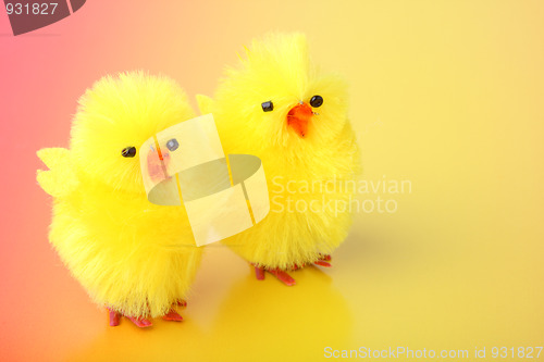 Image of Easter chickens on color background