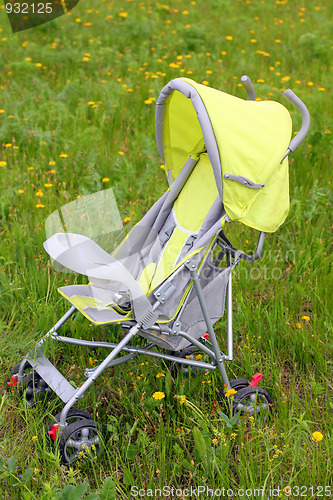 Image of baby stroller on green lawn