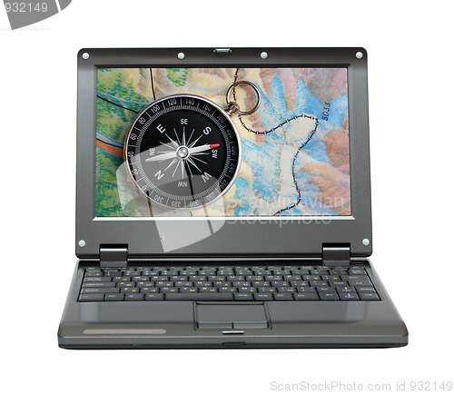 Image of laptop with compass and map