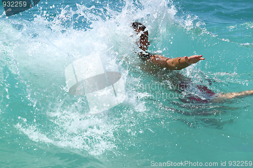 Image of 10 years old child is swimming in waves