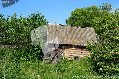 Image of old obsolete bath-house in lush foliage