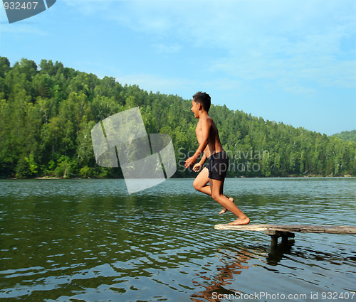 Image of boy jumping in lake