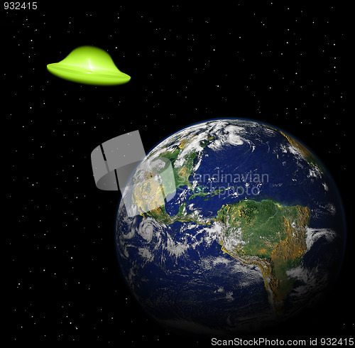 Image of aliens spaceship near earth planet