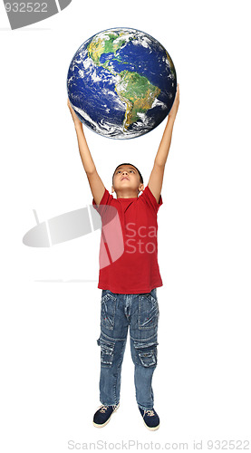 Image of asian boy holding earth planet