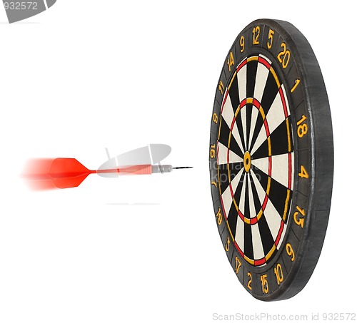 Image of dartboard with dart flying in aim