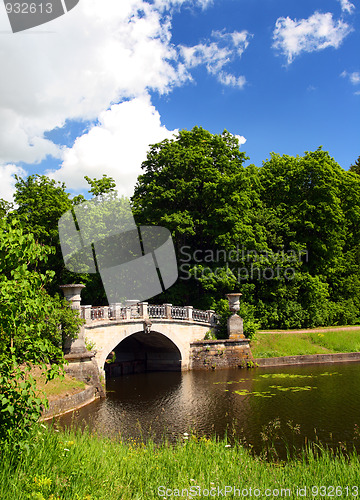 Image of bridge across pond in pavlovsk park