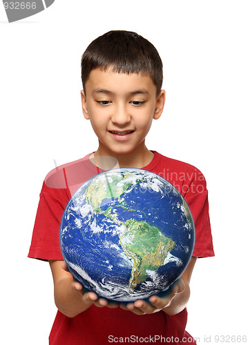 Image of asian boy holding earth palnet