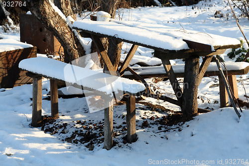 Image of benches and table in winter garden