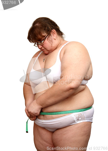 Image of overweight woman measure her stomach