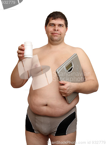 Image of overweight man with medicaments and scales