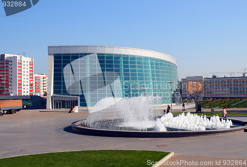 Image of modern glass building and fountain
