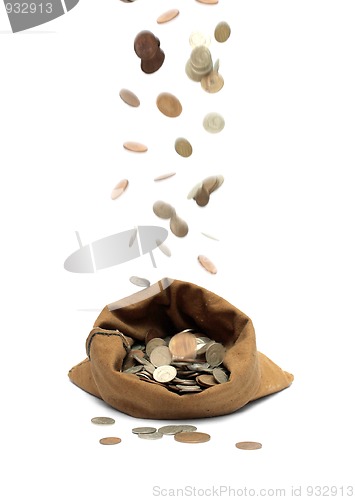 Image of flying coins, falling in bag