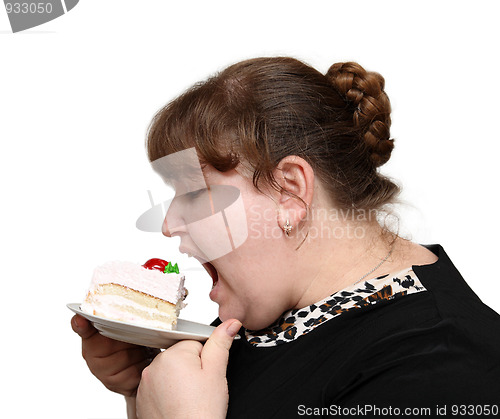 Image of overweight woman biting cake