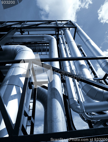 Image of Industrial zone, Steel pipelines in blue sky
