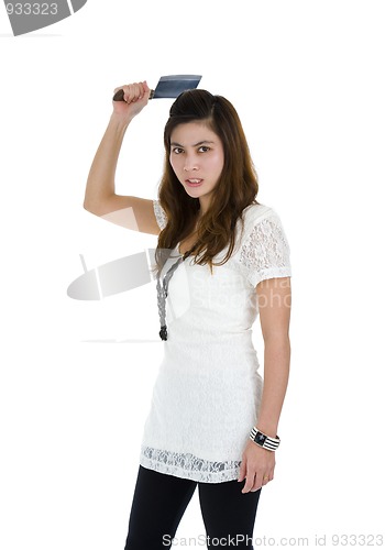 Image of beautiful angry woman with knife