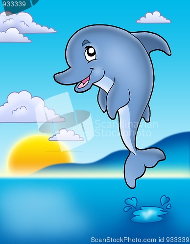 Image of Cute jumping dolphin with sunset