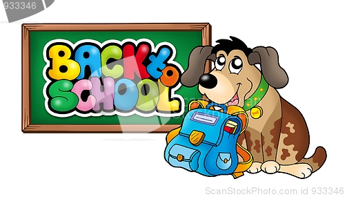 Image of Dog with school bag and chalkboard