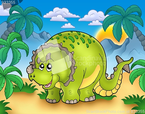 Image of Cartoon triceratops in landscape