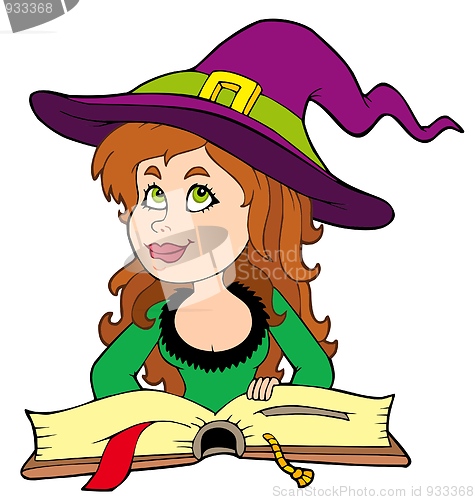 Image of Cute girl witch reading book