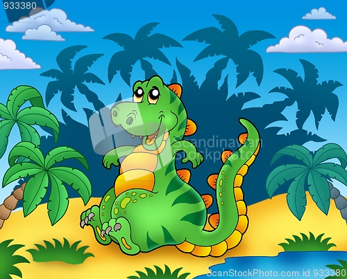 Image of Cute sitting dinosaur with palms