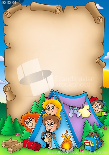 Image of Scroll with group of camping kids