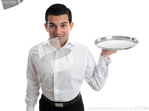 Image of Waiter or bartender holding a silver tray