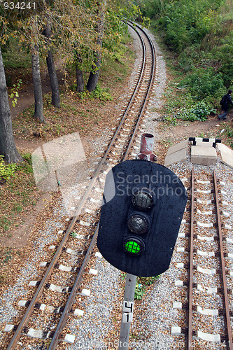 Image of railroad and semaphore with green signal