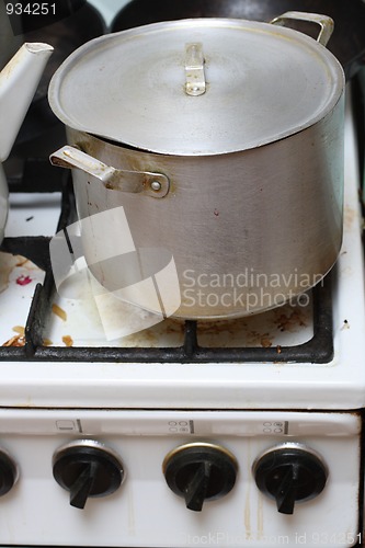 Image of pan on old dirty gas stove