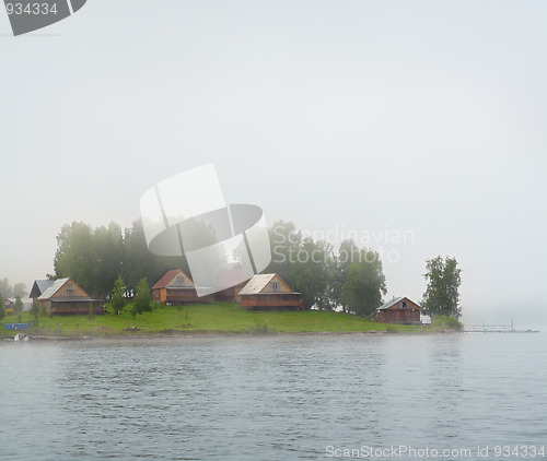 Image of lake island in fog