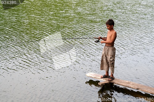 Image of boy fishing with spinning on stage