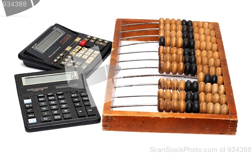 Image of old abacus and two calculators