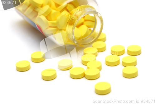 Image of yellow pills around transparent bottle