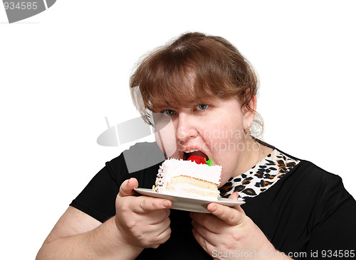 Image of overweight woman biting cake