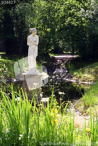 Image of sculpture on pond in park