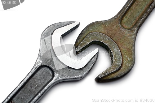 Image of two big metal spanners close-up