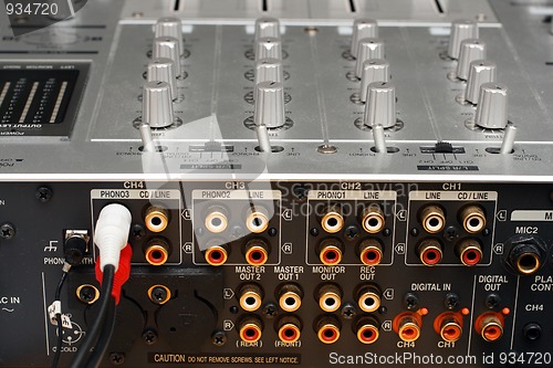 Image of back panel with sockets of dj music mixer