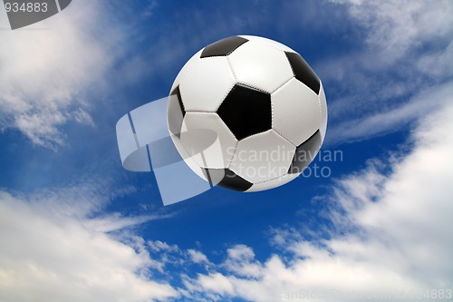 Image of football soccer ball under blue sky