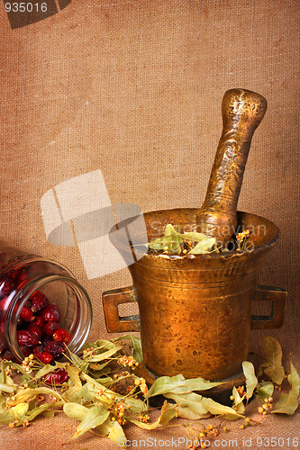 Image of Old bronze mortar with herbs and rose hips