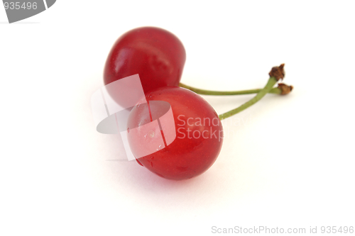 Image of Two ripe cherries isolated on white