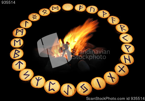 Image of Runes around fire on black background