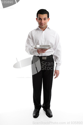 Image of Servant or waiter with empty silver tray