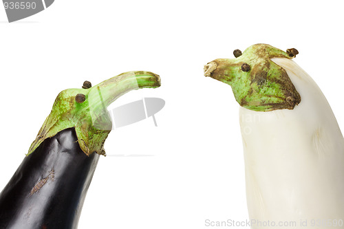 Image of Black and white eggplants as funny puppets isolated on white