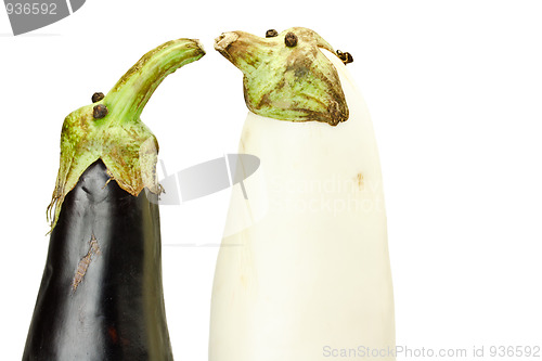 Image of Black and white eggplants as funny puppets isolated on white