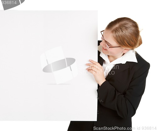 Image of young business woman with placard