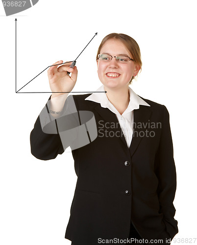 Image of young business woman with marker isolated on white